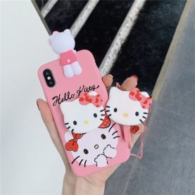 For iPhone 12 11 Pro Xs Max XR 6 7 8Plus Case HELLO KITTY Soft TPU Case Stand Holder Phone Strap Rope Case
