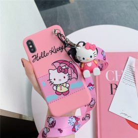 For iPhone 12 11 Pro Xs Max XR 6 7 8Plus Case HELLO KITTY Soft TPU Case Stand Holder Phone Strap Rope Case